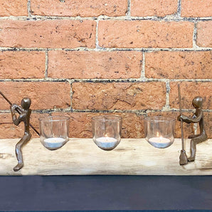 Three Tea Light Holder With Bronze Men Rowing