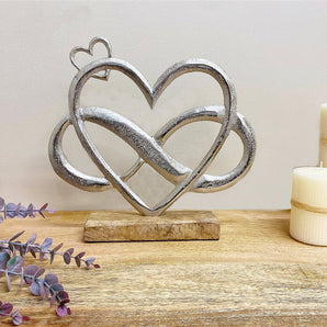 Metal Silver Entwined Hearts On A Wooden Base Large