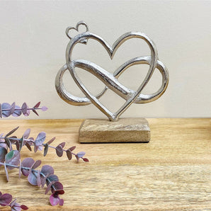 Metal Silver Entwined Hearts On A Wooden Base Small