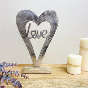 Metal Silver Heart Love On A Wooden Base Large