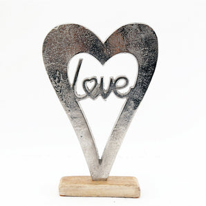 Metal Silver Heart Love On A Wooden Base Large