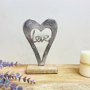 Metal Silver Heart Love On A Wooden Base Small