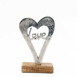 Metal Silver Heart Love On A Wooden Base Small