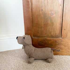 Brown Herringbone Fabric Sausage Dog Doorstop