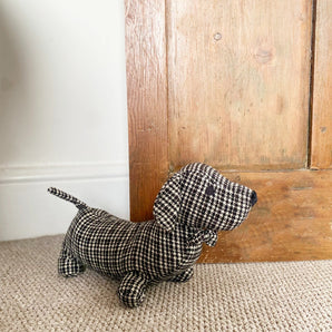 Grey Herringbone Fabric Sausage Dog Doorstop