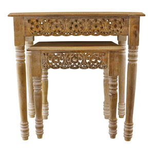 Set of 2 Carved Edge Wooden Side Tables