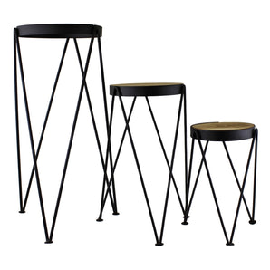 Set of 3 Black Metal and Wood Effect Plant Stands