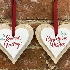 Set Of 2 Double Wooden Hanging Heart Decoration 12cm