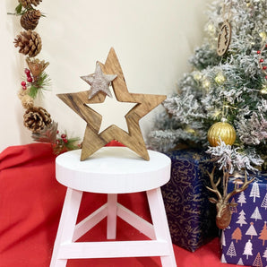 Wood & Silver Metal Star Decoration 20cm