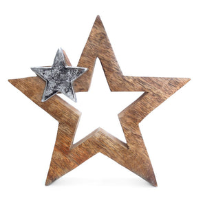 Wood & Silver Metal Star Decoration 20cm