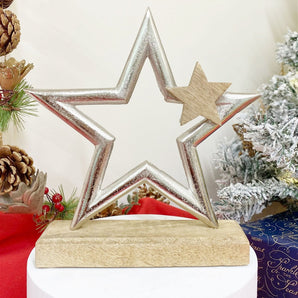 Silver Star On Wooden Base Decoration