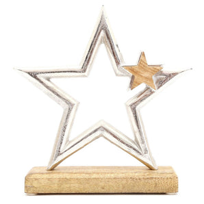 Silver Star On Wooden Base Decoration