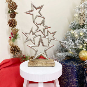 Silver Metal Stars On Wood Plinth