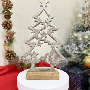 Silver Christmas Tree & Stars On Wooden Base