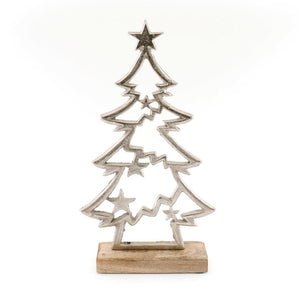 Silver Christmas Tree & Stars On Wooden Base