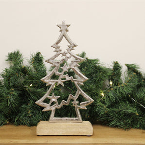 Silver Christmas Tree On Wooden Base Small