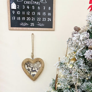 Small Wood Hanging Heart With Metal Reindeer & Stars