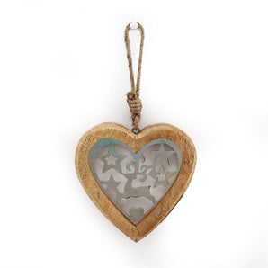 Small Wood Hanging Heart With Metal Reindeer & Stars