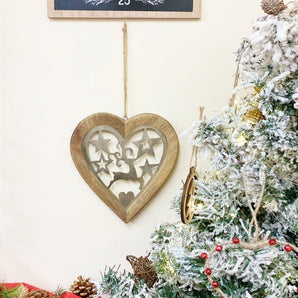 Large Wood Hanging Heart With Metal Reindeer & Stars