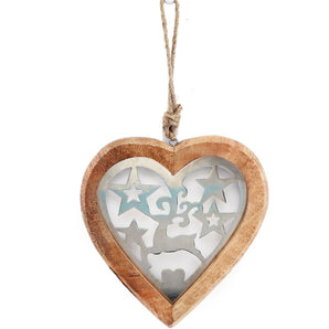 Large Wood Hanging Heart With Metal Reindeer & Stars