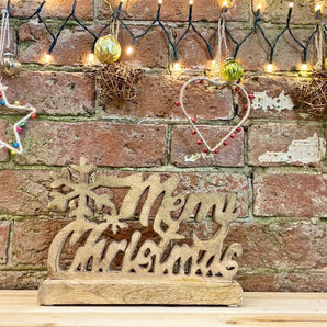 Wood Carved Merry Christmas Script On Base