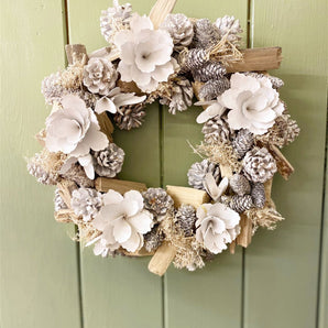 White Flowers & Pinecone Frosted Wreath