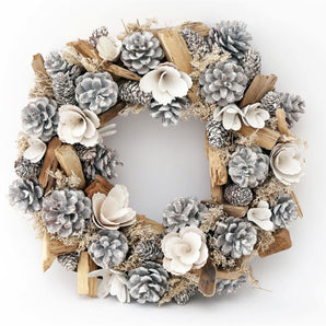 White Flowers & Pinecone Frosted Wreath