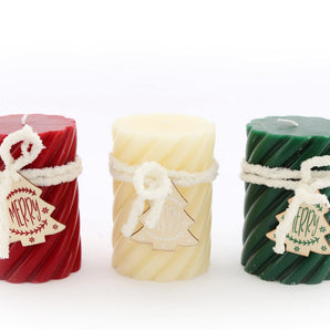 Three Twist Pillar Candles, Green, Cream & Red