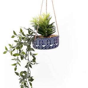 Blue Ceramic Hanging Pot with Plants