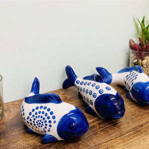 Set of 3 Blue Koi Fish Ceramic Ornaments Willow Design